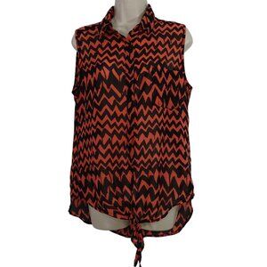 Wishful Park Sleeveless Chevron Sheer Tie Front Button up Top Women Size L Black